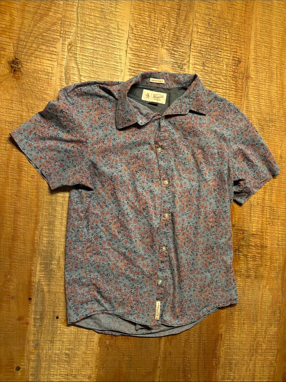 Penguin Blue and Red Floral Short Sleeve Button-Up Shirt